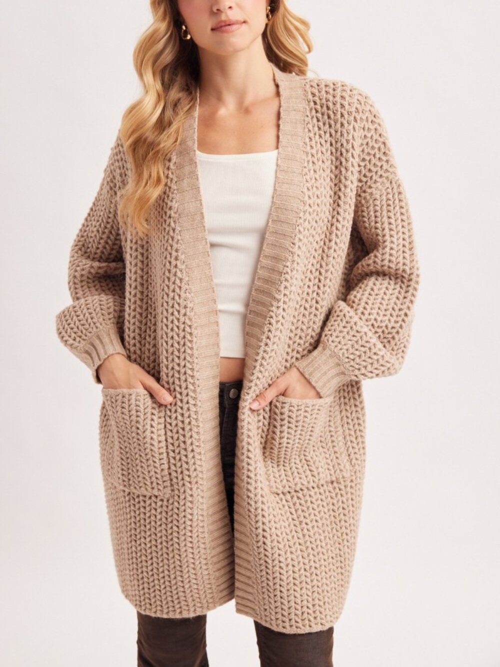 Open-front Waffle Chunky Knit Cardigan - Picture 4 of 12